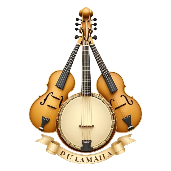 Design a sophisticated, festive, and professional emblem-like emoji representing both plucked and string instruments. The composition should resemble a heraldic crest, featuring a harmonious blend of instruments like a banjo, mandolin, domra, sitar, and others. The necks of these instruments should intertwine gracefully with a flowing ribbon of musical notes, wrapping around the strings and headstocks. The instruments should be artistically detailed, with decorative fretboards, intricate inlays, and ornate carved elements. The overall design should evoke a sense of elegance and craftsmanship, with a color palette of gold, deep wood tones, and rich accents. Include subtle highlights to create depth and dimension, with ornamental flourishes like laurel branches or swirling patterns around the central instruments. The background should be transparent to allow the emblem to stand alone. sticker