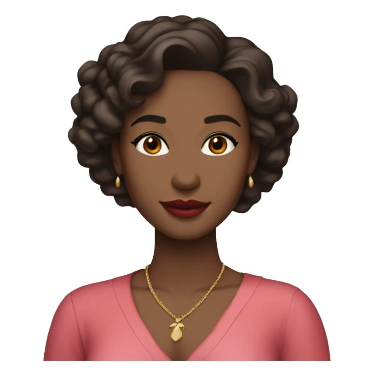 She has soft features, fair skin, and almond-shaped eyes. Her defined eyebrows and natural pink lips frame her face. Her dark, wavy hair is partially tied back, giving her an elegant yet relaxed look. She wears a luxurious red V-neck dress.
 sticker
