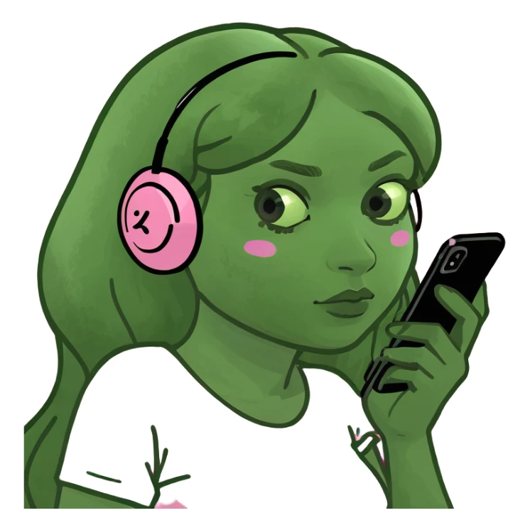 kawaii girl scrolling on pink cell phone sticker