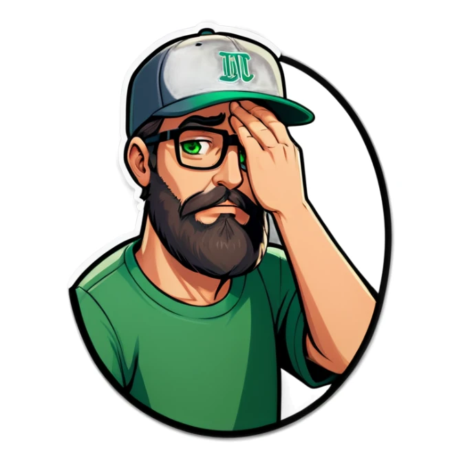 A man with a grey baseball cap, green eyes, big dark brown beard and glasses, facepalm sticker