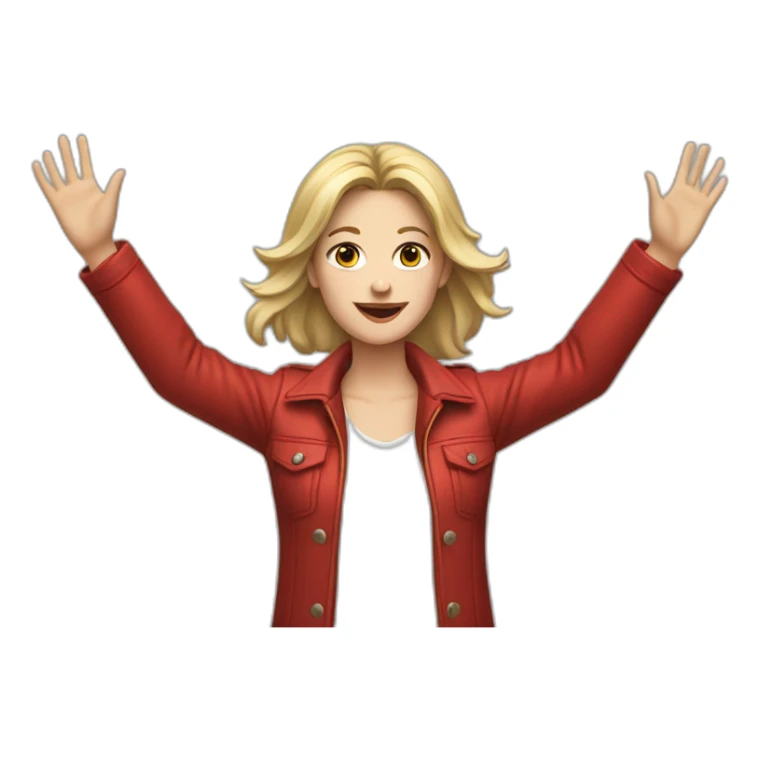 Young white woman, wearing white shirt and red jacket, both hands up  sticker