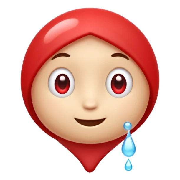 Cute red emoji character shaped like a droplet or jelly bean, with expressive eyes and a clever smile. Holding a small compressed bubble of content, like a tiny scroll or speech balloon. Symbolizes fast, smart summarization. Friendly and modern look, minimal lines, clean white background. sticker