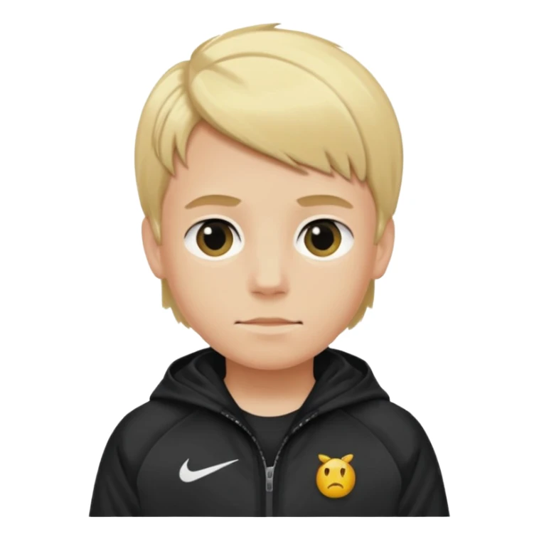 A boy with blond hair wearing a Nike jacket sticker