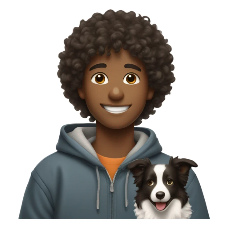 A happy curly-haired boy in a sweatshirt holds a border collie sticker