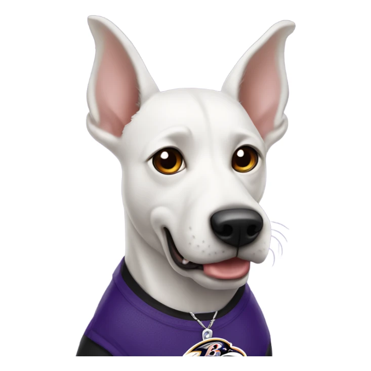 White dog with pointy ears and Baltimore Ravens  sticker