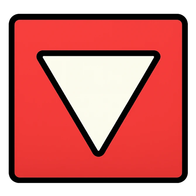 red square with a white equilateral triangle pointing downwards in the center, clean and geometric, minimal and bold, flat design, simple and modern sticker