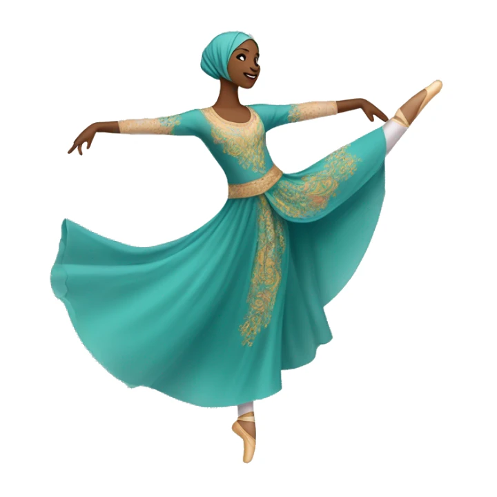 A hijabi ballet dancer emoji, mid-pose in an arabesque, wearing a flowing ballet dress and matching hijab, with delicate ballet slippers, vibrant colors, and intricate details on a transparent background.







 sticker