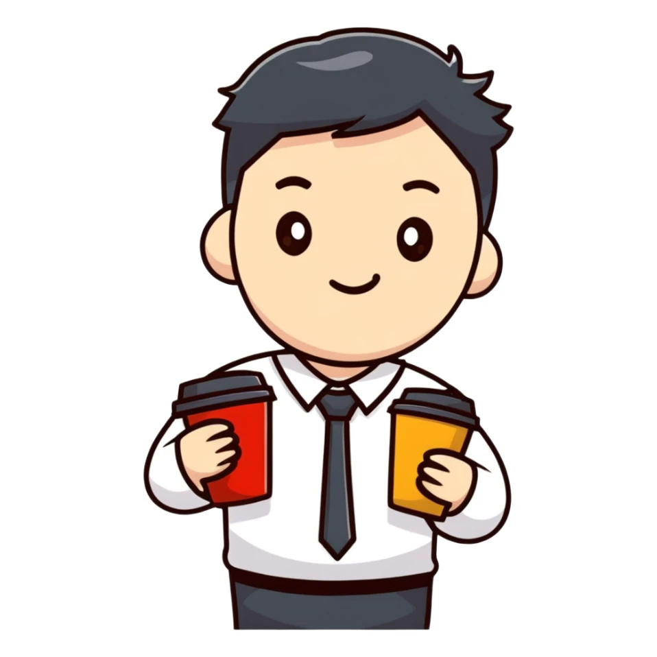 Tired Korean male office worker with coffee sticker