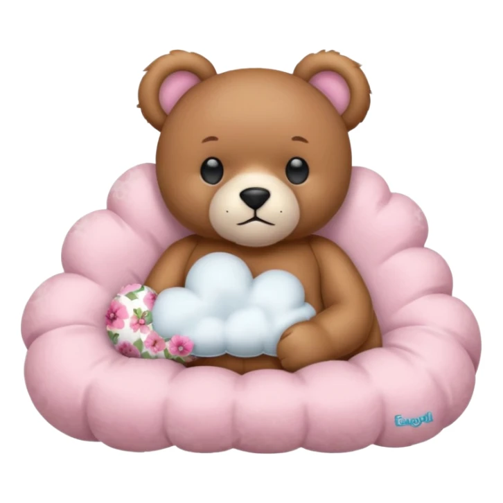 fluffy pink teddy bear in boxer stance, floral neck pillow, holding frilly cloud-shaped satin pillow in right hand, minimal and cute, iPhone emoji style sticker