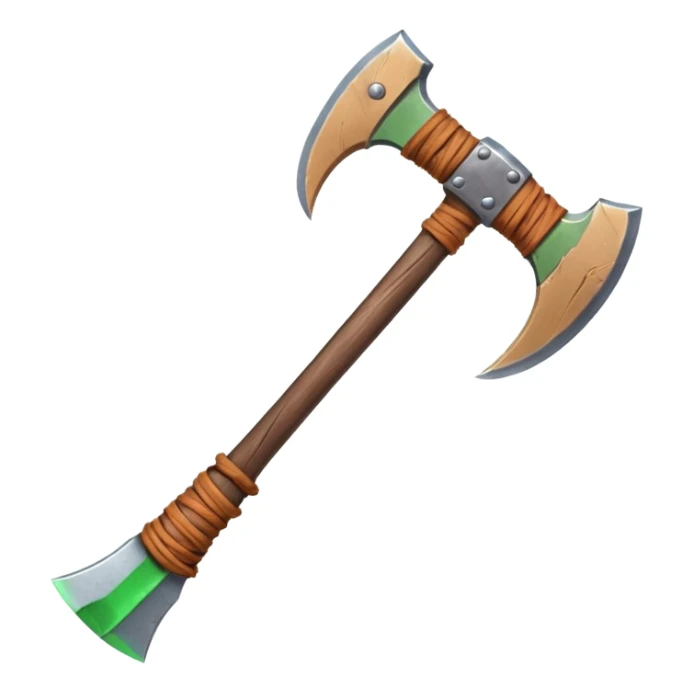 barbarian axe object icon, huge double-bladed axe, rough metal, wooden handle, leather wraps, fantasy style, 3D cartoon, mobile game icon style, centered, clean background, soft shadow, no text, no watermark
 sticker