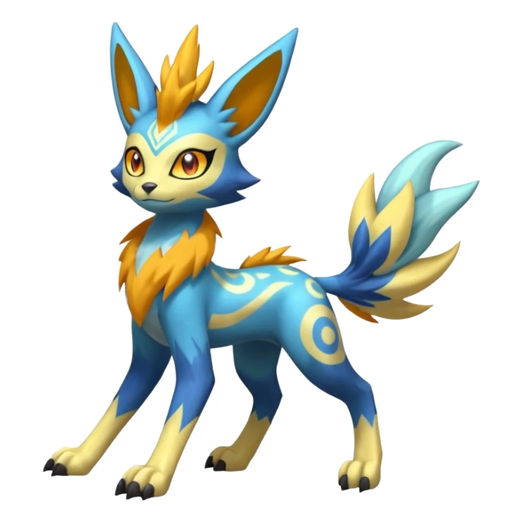 Feral Lightning-patterned Zig-zagged buzzy fuzzy Meloetta-Renamon-Zeraora-Luxray-Cobalion-Suicune-Vernid-fusion-hybrid-creature, full body  sticker