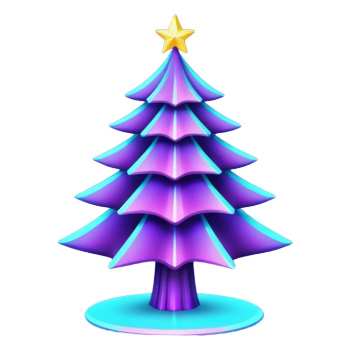 Futuristic glowing Christmas tree emoji with neon decorations, purple and cyan holographic glow, dark background, festive sparkles, no face. sticker