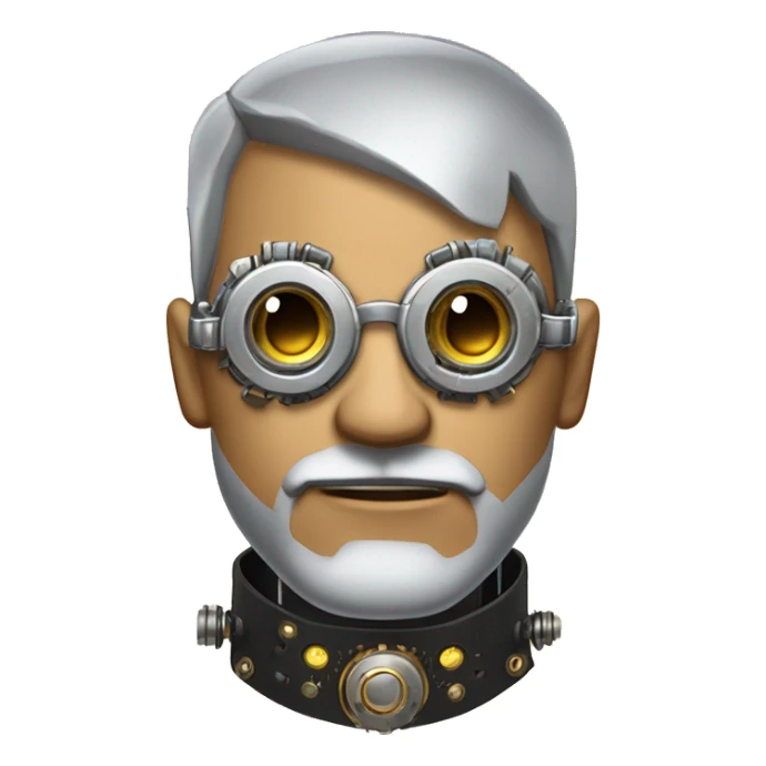 Tan shaved male Latino cyborg head with grey beard, silver steampunk monocle goggles and circuits sticker