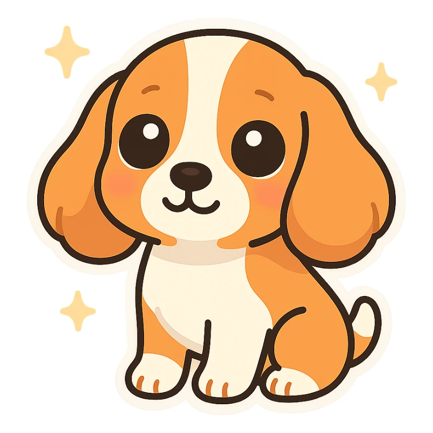 cute English cocker spaniel dog sticker, big expressive eyes with glossy highlights, rounded floppy ears, smooth orange-brown and white fur, kawaii cartoon style, soft shadows, clean outlines, shiny surface, highly detailed, vibrant colors, ultra adorable, puppy face, joyful and heart-melting expression, isolated on transparent background sticker