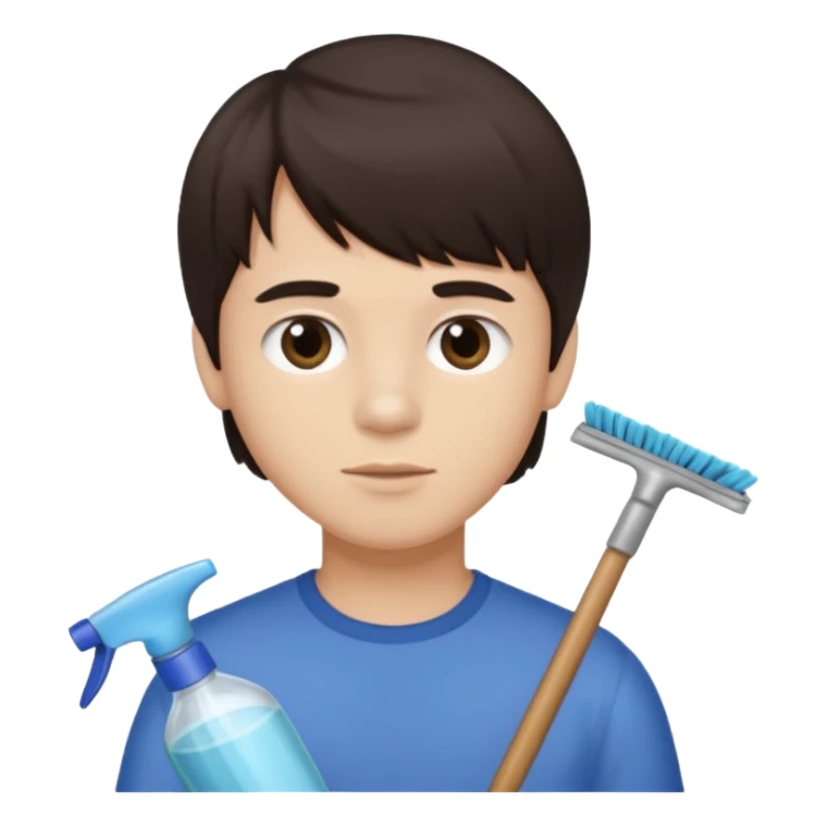 boy dark brown hair with bangs with straight eyebrows cleaning sticker