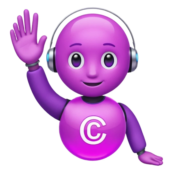 Friendly round AI mascot with a neon C badge, floating hologram in hands, purple-magenta glow. sticker
