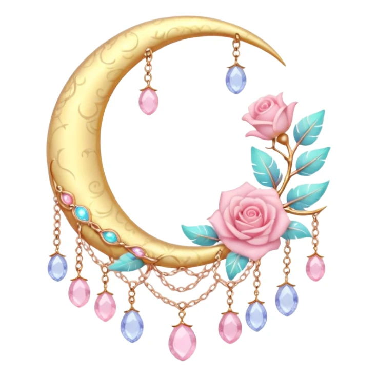 Rosy shiny glossy sparkly romantic pastel crescent damask moon with rose quartz pastel vines pastel gems pastel beads with feathers and chains  sticker