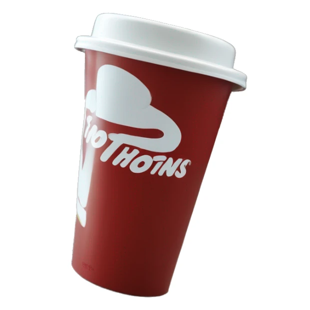 “Red Tim Hortons coffee cup with large white ‘Tim Hortons’ logo in script, black plastic lid, and a simple, clean design.” sticker
