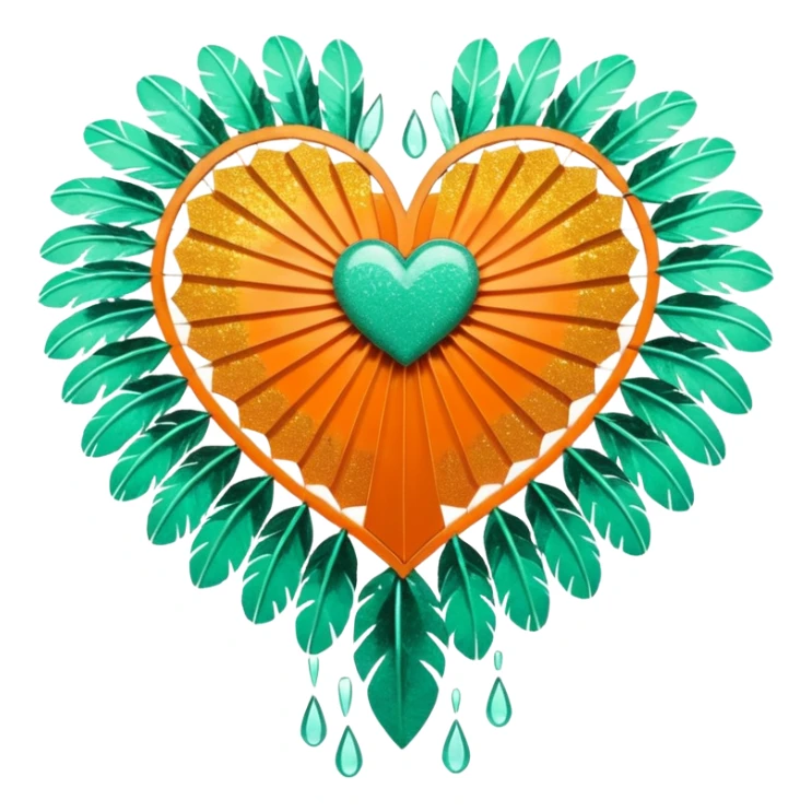 orange glittery heart, shattered in pieces  with mint green water dripping down and art deco feathered fans on the edges  sticker