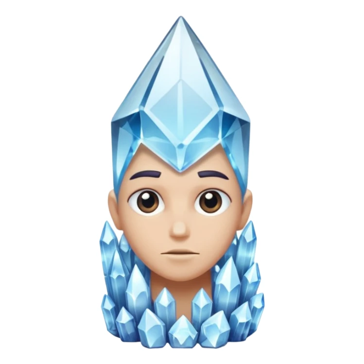 A single crystal character inspired by a clear quartz cluster, chunky base with many tall transparent crystal spikes growing upward all around it with a face sticker