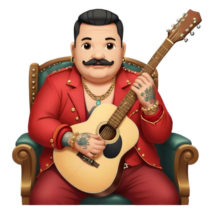 Icon for Chanson: Old fat chanson singer with tattoos, small moustache, red jacket, gold chains and braslettes, sitting on a chair with an acoustic guitar and standing microphone. No earrings. The atmosphere should reflect a nostalgic, soulful vibe with vintage elements. Transparent background. sticker