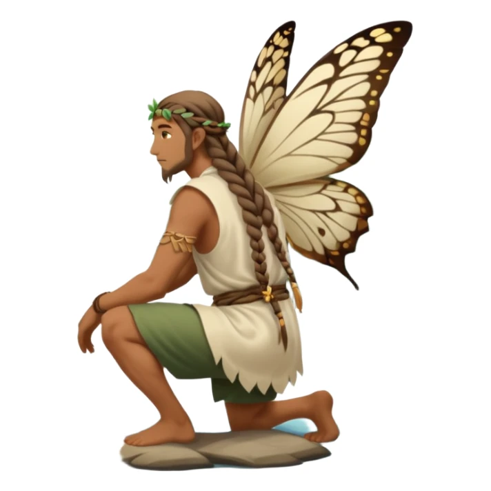 full body druid man, tan skin, long braid, from behind kneeling at lake edge, moths behind shoulders sticker