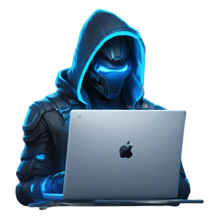 developer behind his laptop with this style : crysis Cyberpunk Riot Games Valorant neon glowing bright blue character blue black hooded assassin themed character sticker