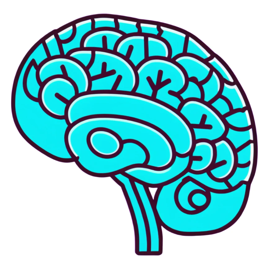 brain with neon glow effect, blue neon glow on top left, purple neon glow on bottom right sticker