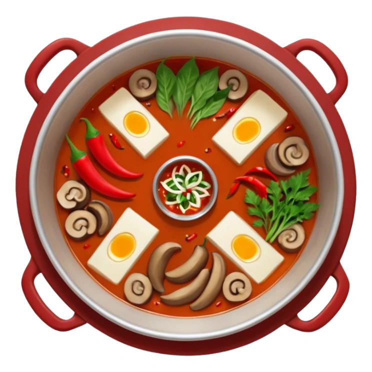 A hot pot emoji in top-down view. The pot is divided into two sections: one with spicy red broth filled with chili peppers, and one with mild white broth. Surround the pot with rolled slices of meat, vegetables, and mushrooms. sticker