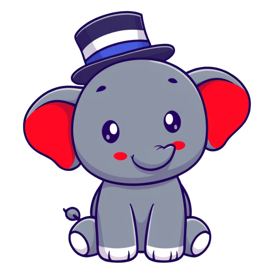 cute red elephant, big eyes, friendly smile, round and simple, wearing a stars-and-stripes top hat, cartoon sticker style sticker