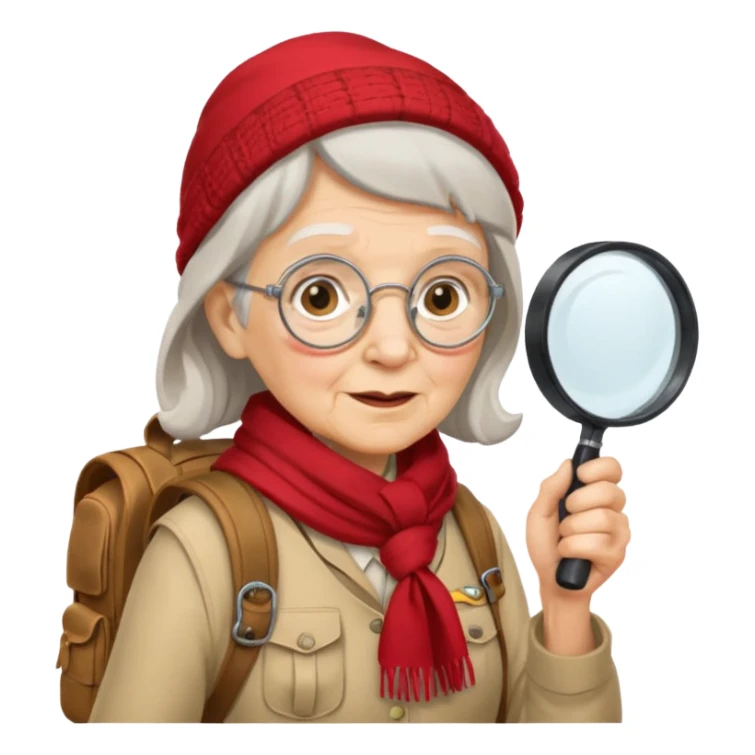 scout old woman backpack and magnifying glass, red sticker