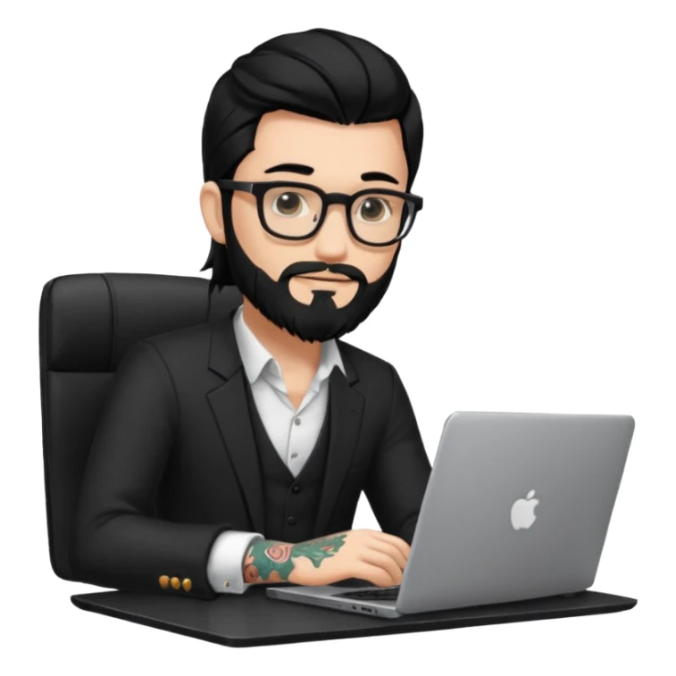 a young man with long black hair, with formal cloth, beard, wearing glasses sitting with a laptop, tattoo inyout arms sticker