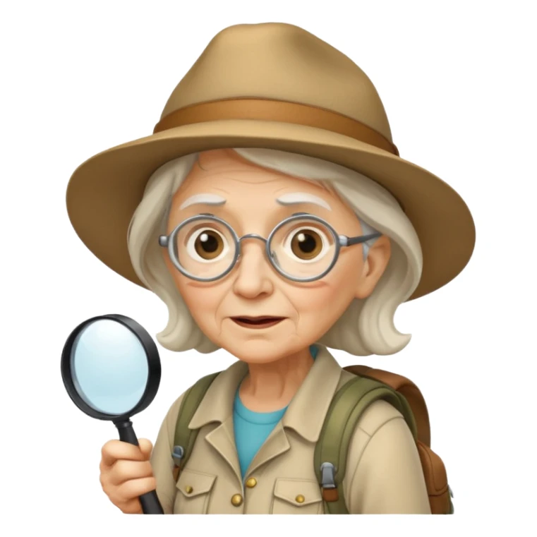 Explorer old woman backpack and magnifying glass, voyarer sticker
