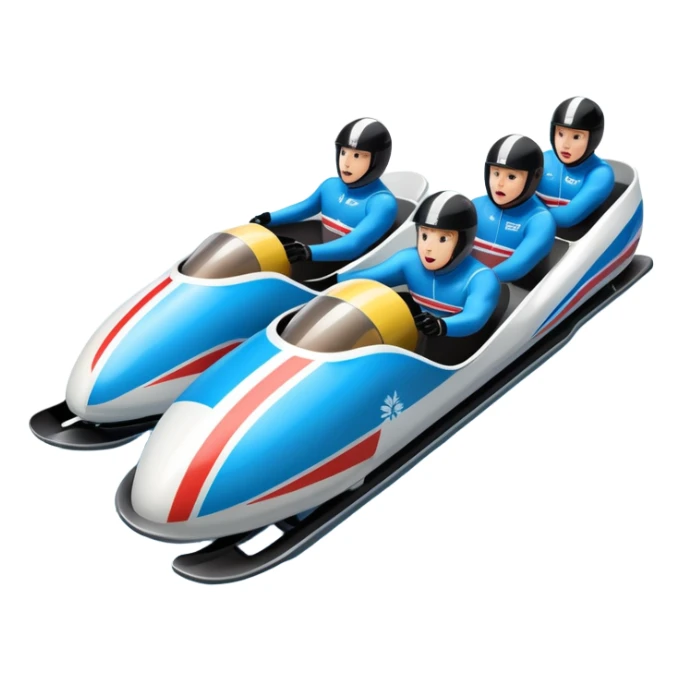 An icon featuring a sleek bobsled with athletes racing down an icy track at high speed, helmets on and bodies aligned for aerodynamics. The scene is set in a stunning snowy mountain valley with pine trees, spectators, and crisp blue sky. Transparent background captures the thrill of bobsleigh. sticker