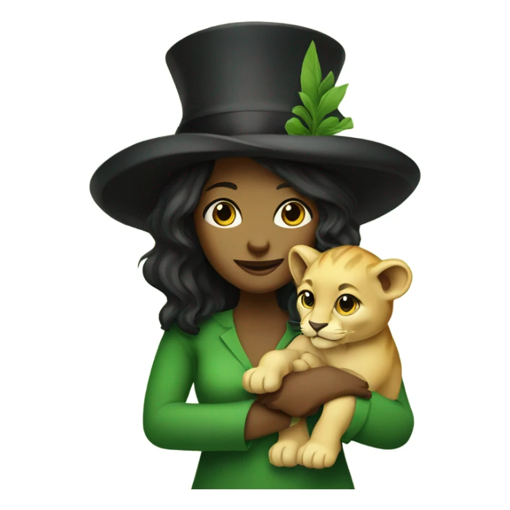 Green woman with pointy black hat holding a baby lion cub sticker