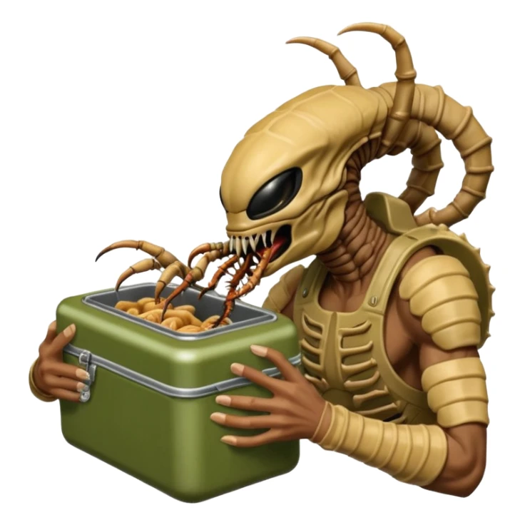 The original Predator with mask and mouth piece eating an Alien facehugger from a lunchbox, the setting should be dark and real. sticker