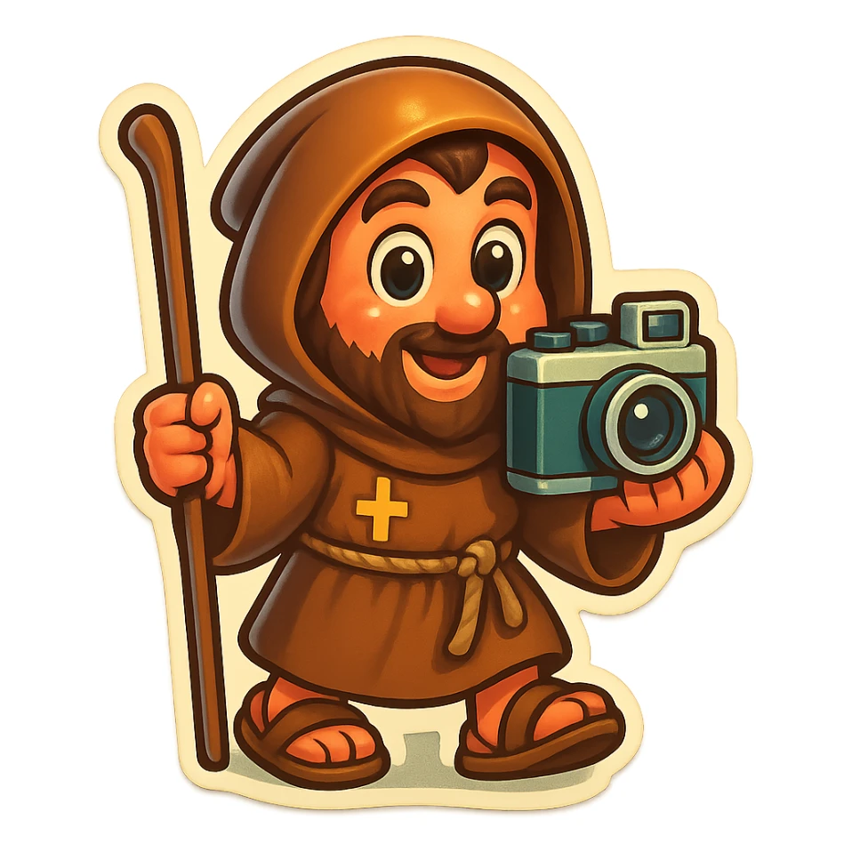 medieval pilgrim holding a camera, cartoonish, big eyes, retro stickers style sticker
