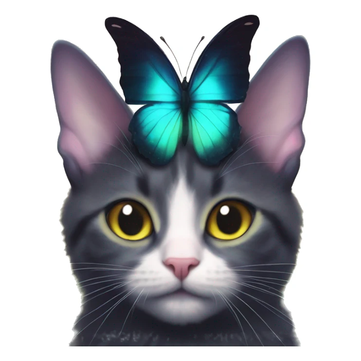 Dark iridescent butterfly glowing on top of cats head  sticker