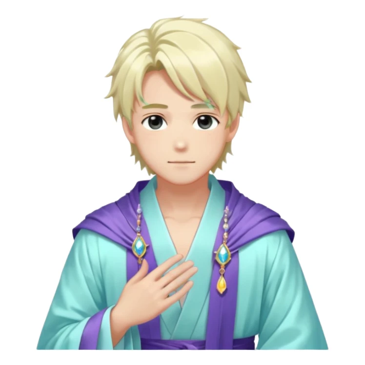 Beautiful gorgeous romantic blushing youthful handsome anime guy with beautiful iridescent-pastel-whitish-special-gently-tousled-medium-long-hair, fashion aesthetic, ethereal, fairycore, pastelcore, layered robes, accessories, jewelries, colorful, shiny, trending style, outside sticker