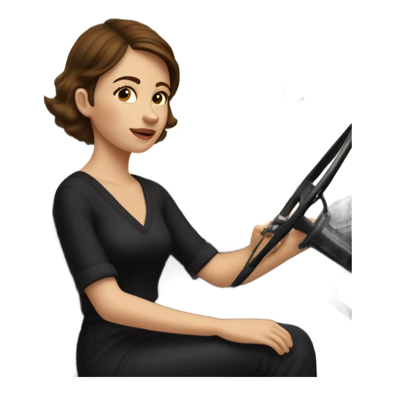 Girl with short brown hair in black V-neck blouse driving jalopy sticker