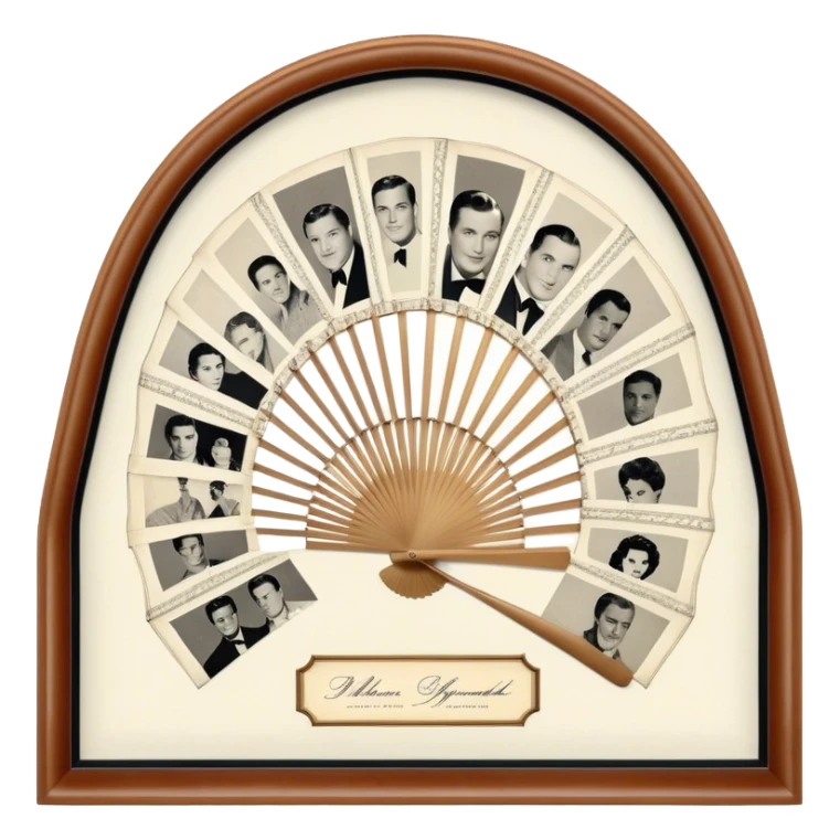 Icon for Autograph Collecting: several vintage sheets in frames arranged in a fan-like pattern, each with a famous celebrity signature. The icon should reflect the charm of collecting autographs in a nostalgic, elegant style. Transparent background. sticker