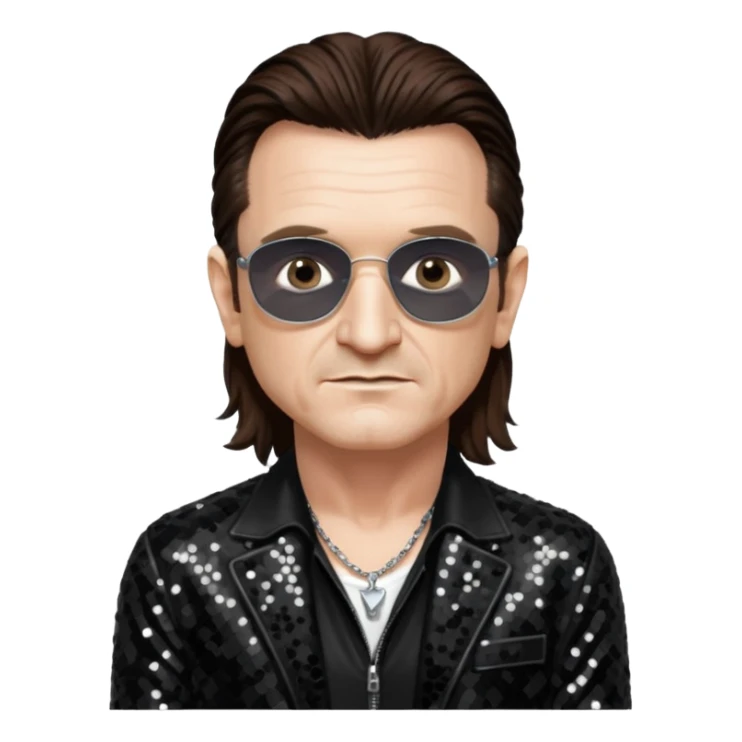 Bono from U2 with long dark brown hair, black sequin outfit  sticker