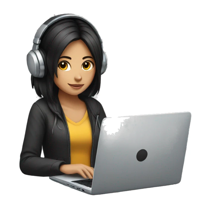 girl with black hair working on laptop with headphones sticker
