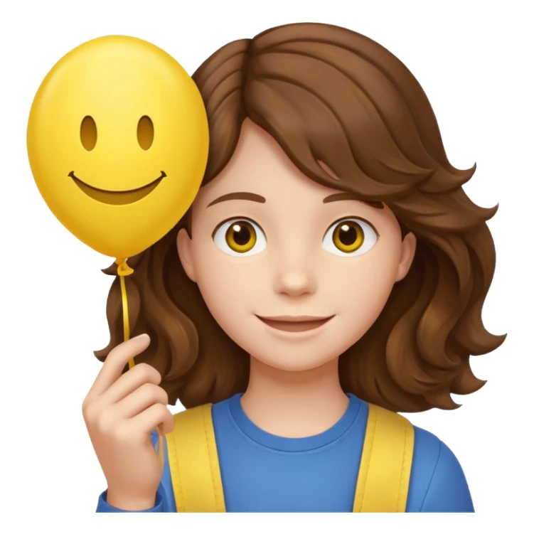 Teen wavy brown hair, with smiley-face balloon sticker