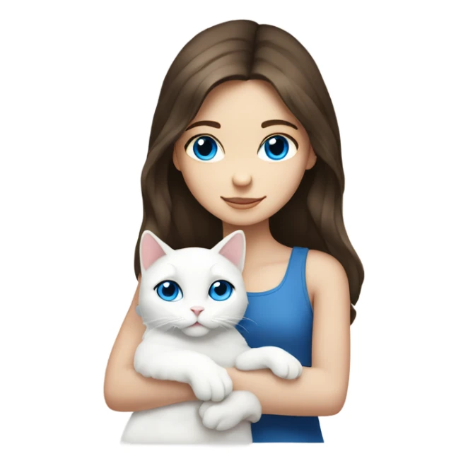 Brunette girl blue eyes hugging a fully white cat sticker