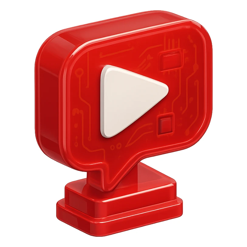 red speech bubble with a red YouTube white play button, like a trophy, glossy circuit style sticker