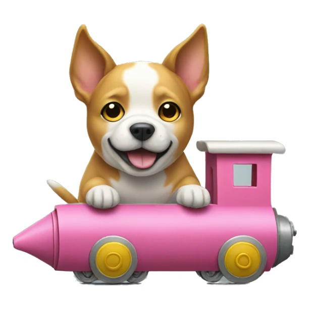 A dog riding a fabric train with yellow cabins and a pink head sticker