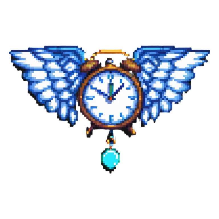 pixel art of a clock with wings, time flying concept sticker