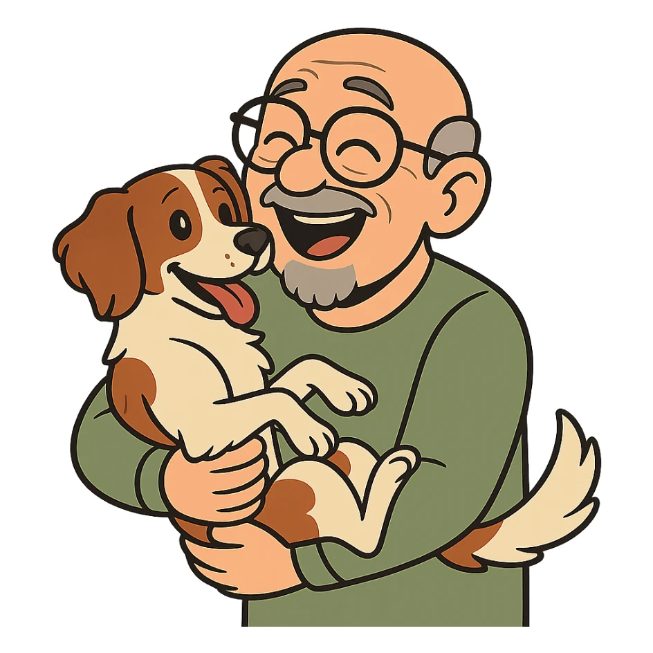 cartoon style bald old man with round glasses and grey goatee holding a Brittany Spaniel, joyful and loving sticker
