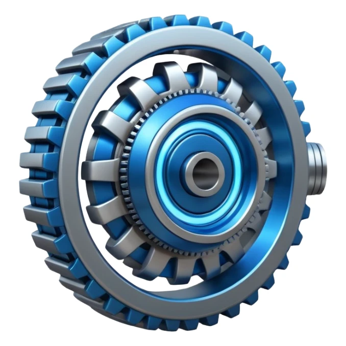 Dynamic futuristic engine emoji with thick metal body, glowing core, rotating parts, modern tech design sticker